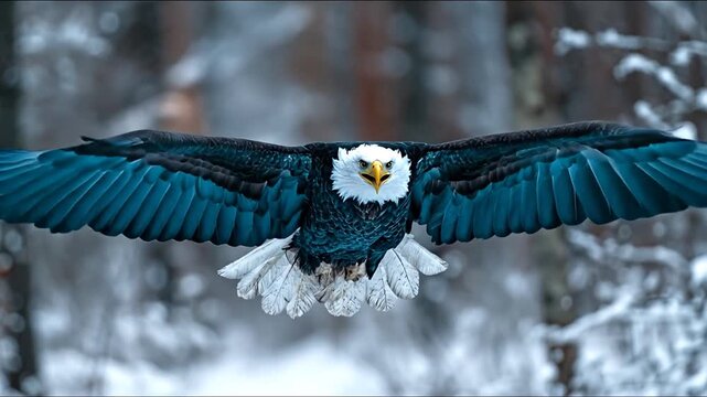 Eagle soars in winter scene with outstretched wings; blurred background