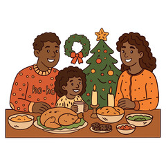 Hand-drawn cozy Christmas scene featuring a Black family — mom, dad, and daughter — enjoying a festive dinner together. Warm pastel doodle illustration with Christmas tree, candles, holiday wreath