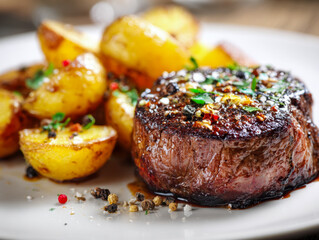 Close-up of a perfectly cooked seasoned filet mignon steak served with roasted golden baby potatoes garnished with fresh herbs and cracked peppercorns on a white plate