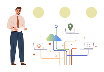 Man holding documents alongside cloud connected to laptops via colorful cables, symbolizing cloud technology, data sharing, digital workflows, IT solutions. Ideal for business, teamwork, networking