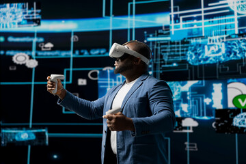 Portrait of a young african american engineer focused on VR headset programming and analytics, surrounded by neural networks systems and AI data visualization. Future of innovation in tech.