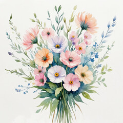 bouquet of flowers in colorful watercolors on a high-contrast white background