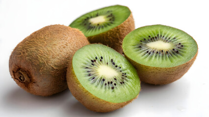 Fototapeta premium Three fresh kiwi fruits are arranged on a clean white background