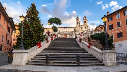 Festive Christmas decorations adorn the ancient Spanish Steps in Rome, Italy, under a partly cloudy sky.