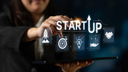 Concept of a new startup business venture. The process includes innovation, setting targets,...