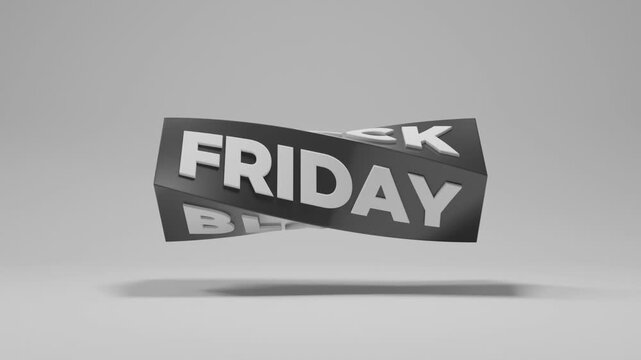 Minimal 3D abstract background of twisting parallelepiped form with Black Friday text, black and white monochrome rotating composition for stylish modern motion and branding visuals