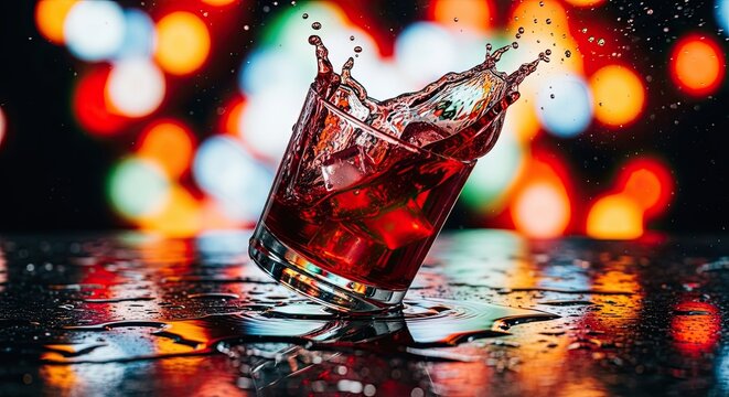 Dynamic Dark Beverage Splash Over Reflective Surface with Bokeh Lights