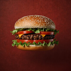 Photograph of a cheeseburger with vegetables on a high-contrast red background