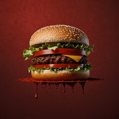 Photograph of a cheeseburger with vegetables on a high-contrast red background