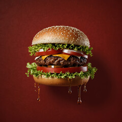 Photograph of a cheeseburger with vegetables on a high-contrast red background