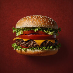 Photograph of a cheeseburger with vegetables on a high-contrast red background