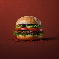 Photograph of a cheeseburger with vegetables on a high-contrast red background