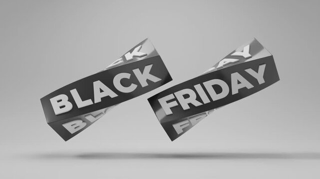 3D abstract background with twisted black parallelepipeds featuring rotating Black Friday text, dynamic minimalist composition for elegant motion visuals and modern promotional design