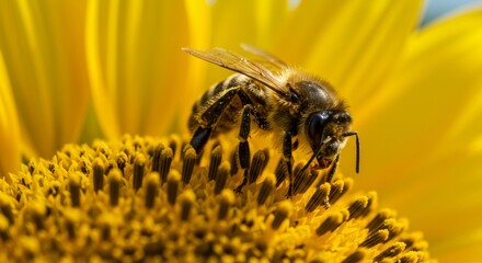 A close-up macro shot of a honeybee collecting pollen from a vibrant yellow sunflower, showcasing intricate details of the insect and flower
