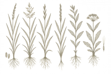 Botanical drawing set showing vintage scientific herbal plant illustrations with roots on transparent background