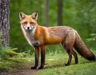 Fototapeta premium red fox in the wild, Red fox in summer forest, fox background