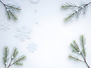 Obraz premium Snowflakes and pine sprigs on a white background