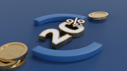 Luxurious 3d abstract background presenting bold golden 20 percent numerals at the center, surrounded by smooth animated shapes reflecting modern minimalism and golden highlights. Blue background - Powered by Adobe