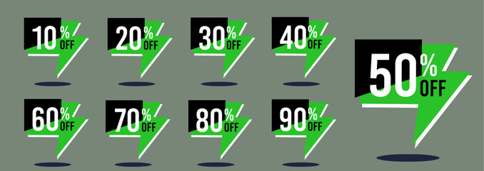 10% off, 20% off, 30% off, 40% off, 50% off, 60% off, 70% off, 80% off, 90% off, percent off, business finance, numbers drawing green black white background, dollar, currency, tariff, economy, set.