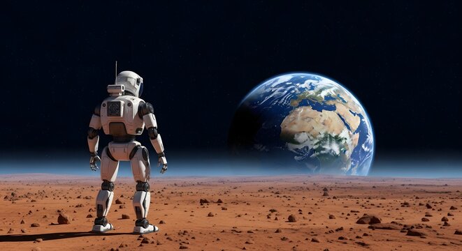 Astronaut on mars gazing at earth, symbolizing humanitys reach and future in the vastness of space