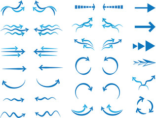 Blue Arrow Icons Set – Curved, Wavy, Circular and Directional Arrows - Wind / Direction Arrow Set with transparent background for Architecture/ design sheets	
