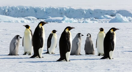 A group of Emperor penguins standing on a snow-covered ground under a clear blue sky