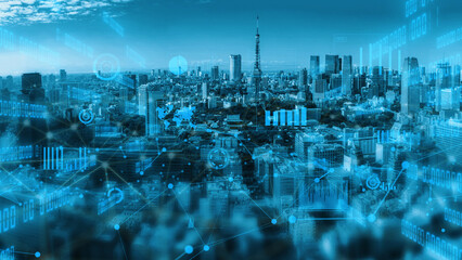 A captivating view of a bustling city skyline set against a vibrant blue hue, featuring a digital overlay representing advanced technology and connectivity. Xenic