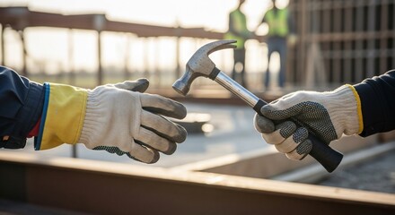 Construction Workers Collaborating and Passing a Hammer, Teamwork and Partnership on a Building Site, A Symbol of Teamwork in Industry