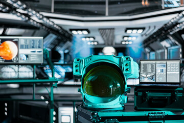 Close up of astronaut gear next to laptop in spaceship displaying planetary scan of Mars during expedition. Notebook in spacecraft showing red planet surface analytics metrics during orbital voyage