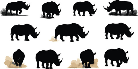 Rhino silhouette collection vector set, powerful wild animal illustration with dust effect, African wildlife design, endangered species artwork concept