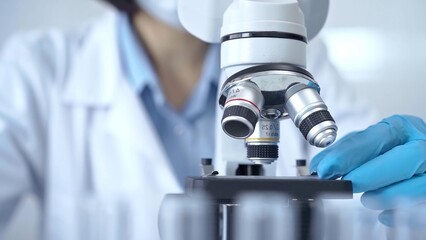 Scientist using microscope in laboratory. Close-up of a researcher's hands adjusting a modern microscope in a lab setting. Science concept