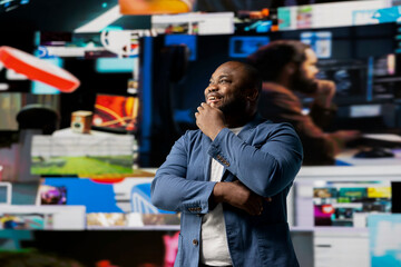 Modern black creator exploring the digital world through web platforms, reflecting trends in social media, video sharing and user interface design within an immersive online environment.