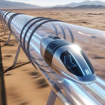 Highspeed hyperloop train traveling through a transparent tube in a desert landscape