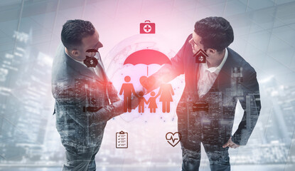 Concept of comprehensive insurance coverage and financial planning. A policy that provides life, health, and asset protection for a family's security and risk management. Fermion