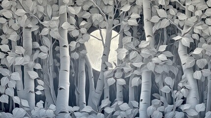 Moonlit forest scene trees and foliage silhouette against a glowing orb