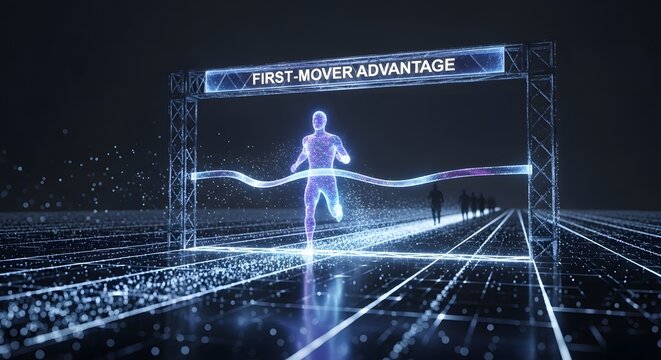 Digital runner crossing finish line under first mover advantage archway