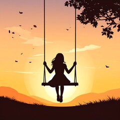 Girl on swing at sunset