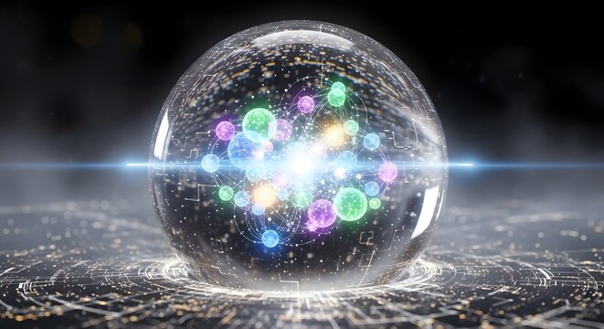 Abstract sphere containing colorful glowing particles and light streaks on a dark background