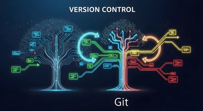 Two abstract digital trees symbolizing version control and git with branching circuits