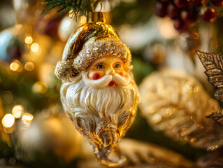 Obraz premium Elegant Santa Claus ornament hanging on a decorated Christmas tree