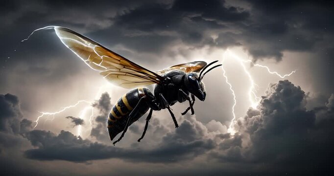 Surreal insect with wings flying in stormy sky with lightning