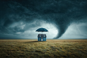 A small blue house under an umbrella during a storm with a tornado in the background