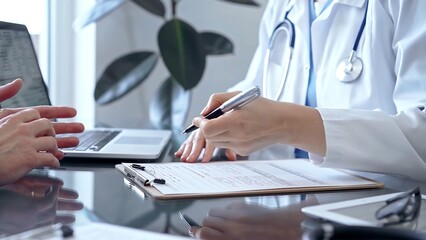 Fototapeta premium Doctor woman wearing white medical coat is consulting patient in clinic office while both are sitting at the glass desk. Physician is listening and making notes. Medicine concept