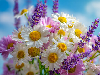 Fototapeta premium Bright and colorful bouquet of white daisies mixed with pink and purple wildflowers against a clear blue sky for a fresh floral arrangement concept