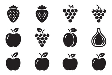 Collection of black fruit icons including strawberries, grapes, apples, and a fig, isolated on transparent background