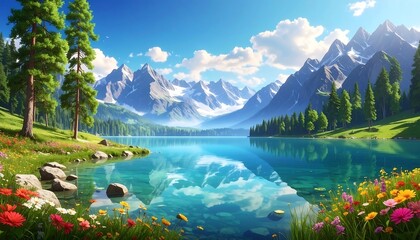 Scenic landscape depicting serene lake with snow-capped mountains