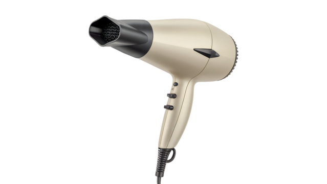 Modern hair dryer in gold color isolated on transparent background for hair styling