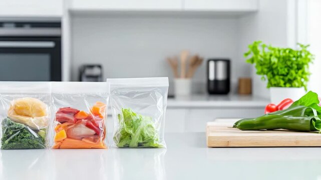 Fresh ingredients prepped in transparent bags on kitchen counter for easy meal preparation