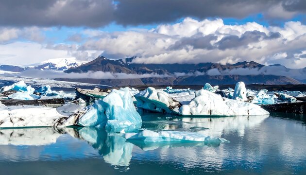 Scenic landscape Icebergs float in a glacial lagoon with mountains