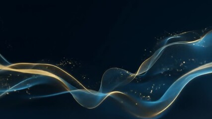 Elegant abstract digital waves with shimmering blue and golden light trails and sparkling particles on a dark background. Modern flowing graphic design. - Powered by Adobe
